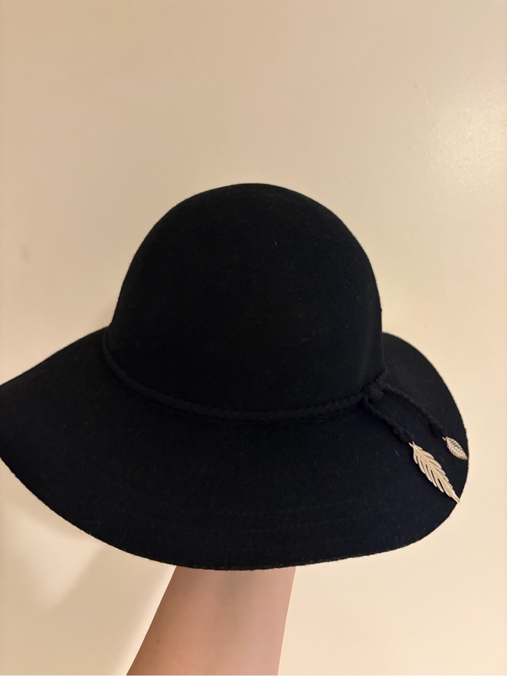 H&M Black Wide-Brim Felt Hat with Braided Band and Feather Charms